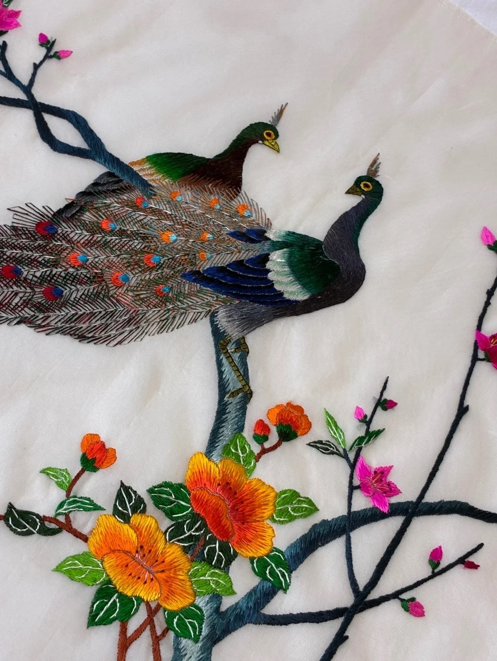 Vintage Embroidered Silk Textile with Peacocks and Flowers - 28x18 inches